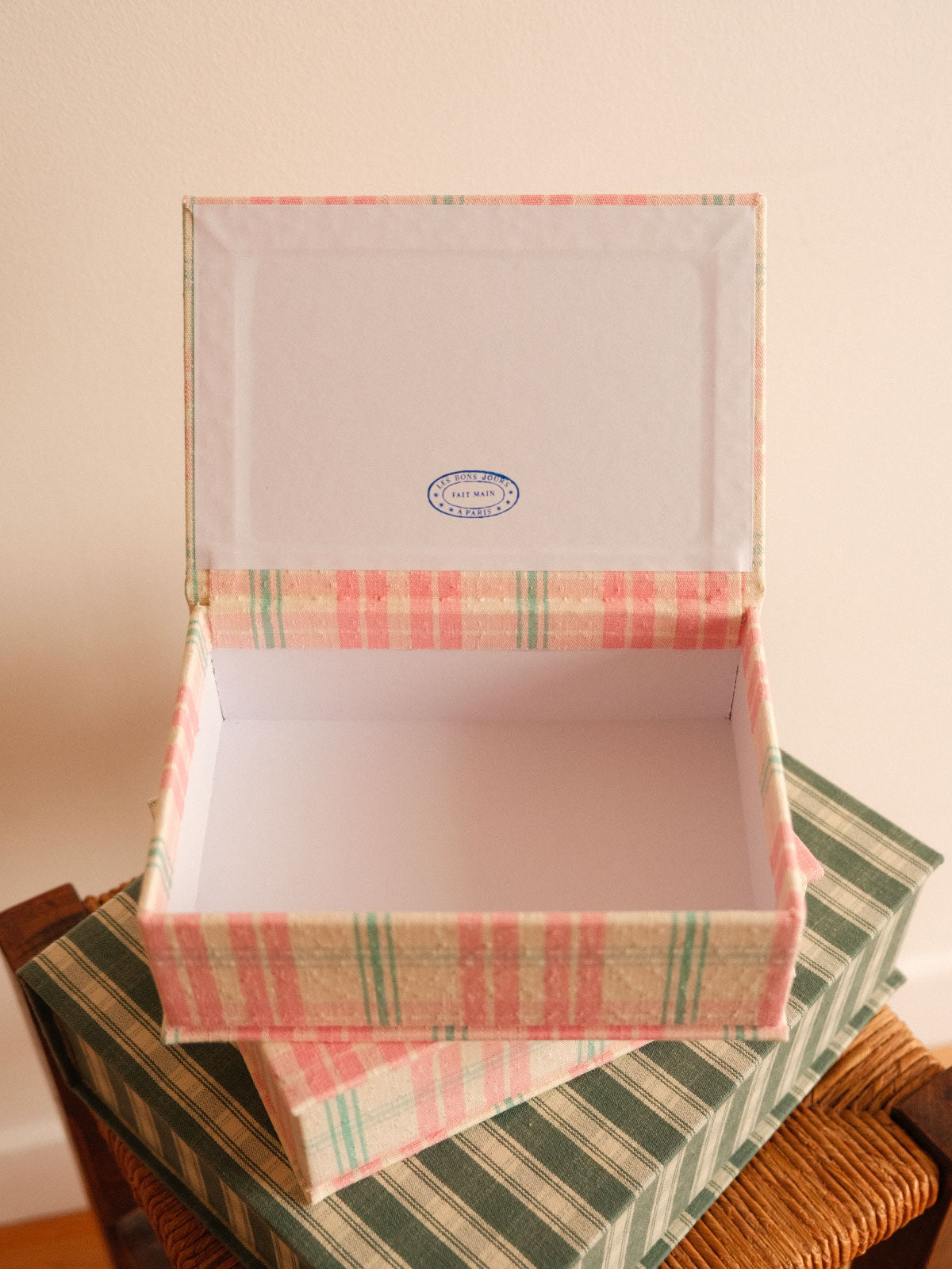Boîte tissu - Carreaux verts et roses - Petite boîte