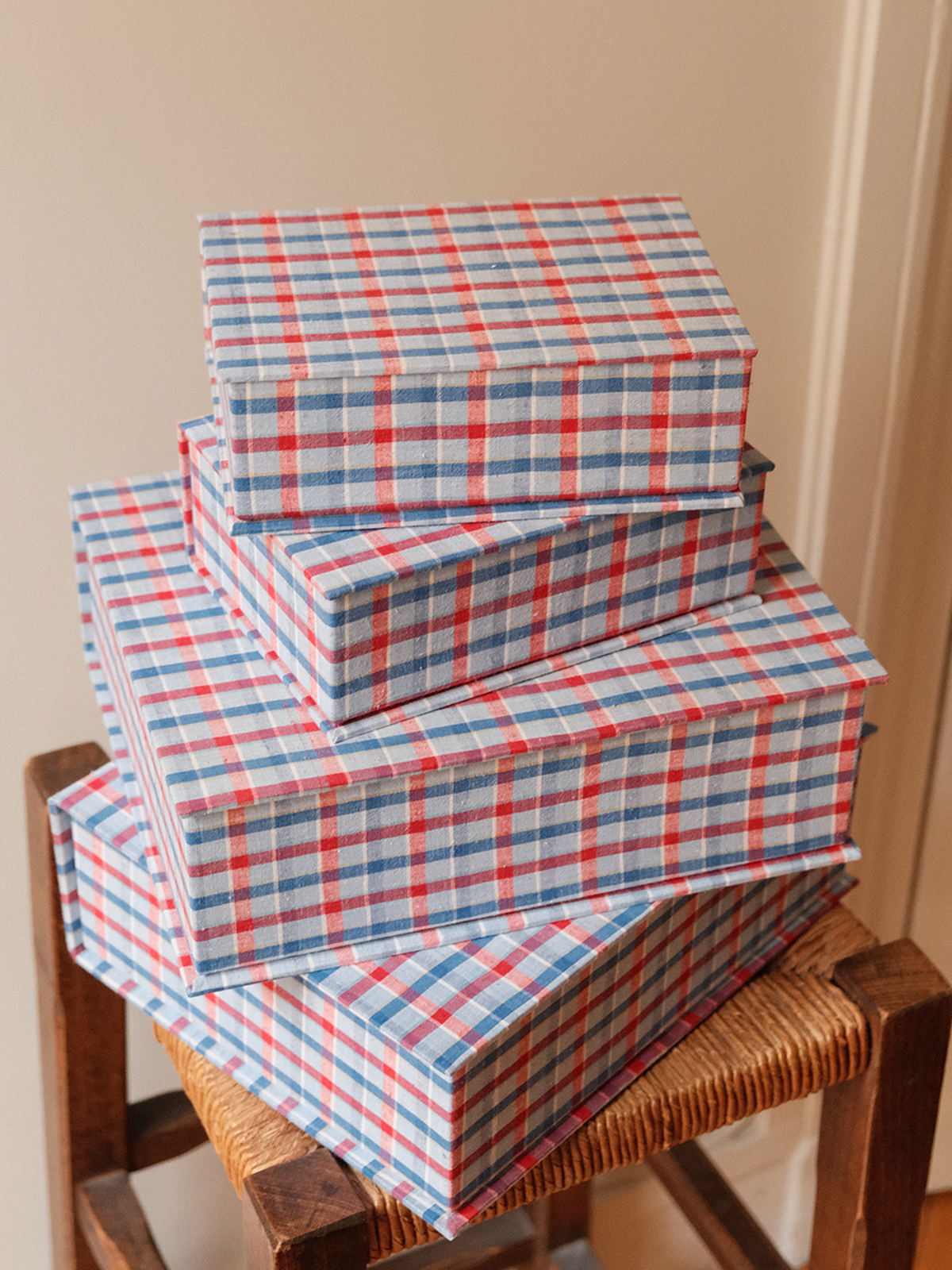 Boîte tissu - Carreaux bleu rouge