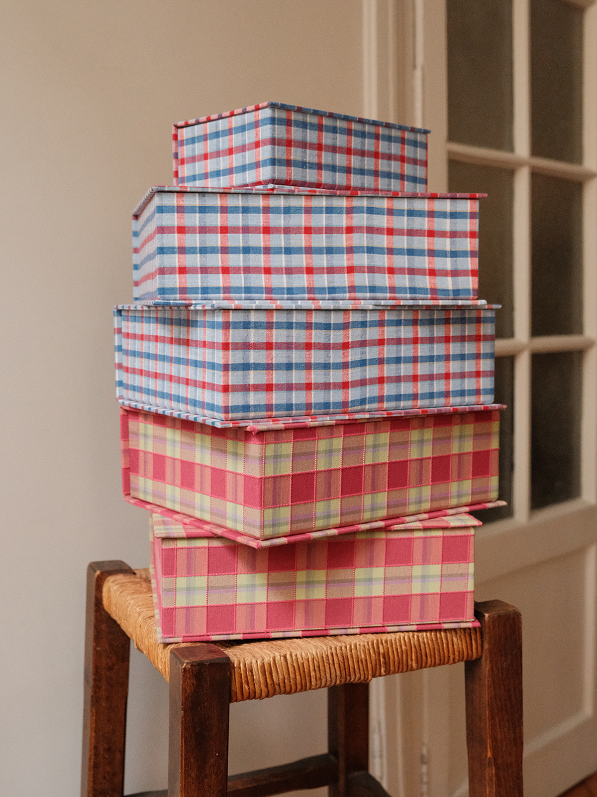 Boîte tissu - Carreaux bleu rouge