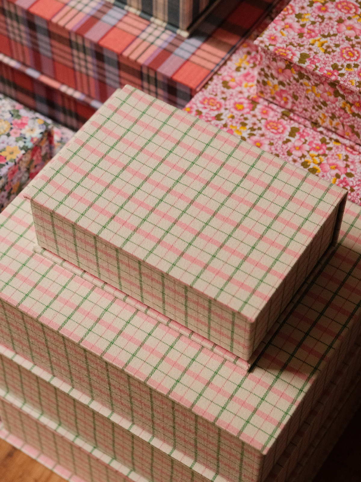 Boîte tissu - Carreaux rose vert