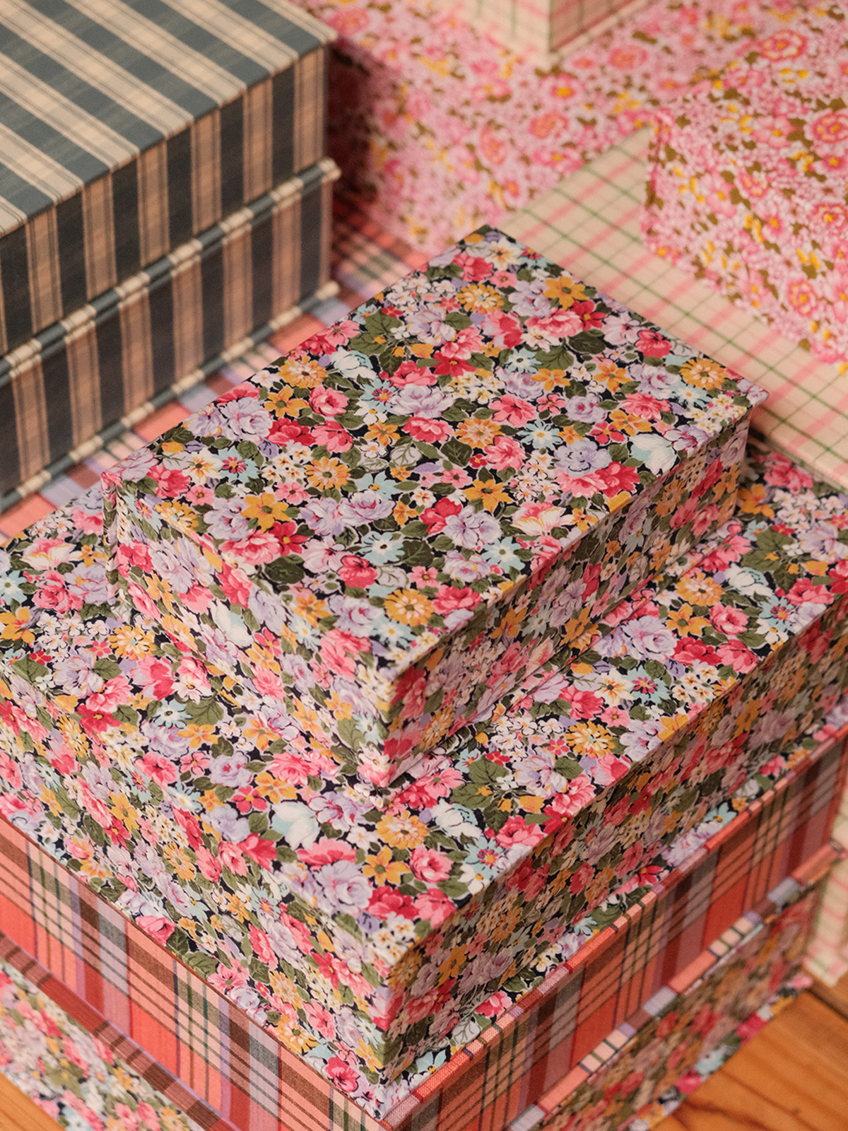 Boîte tissu - Fleurs rose vert