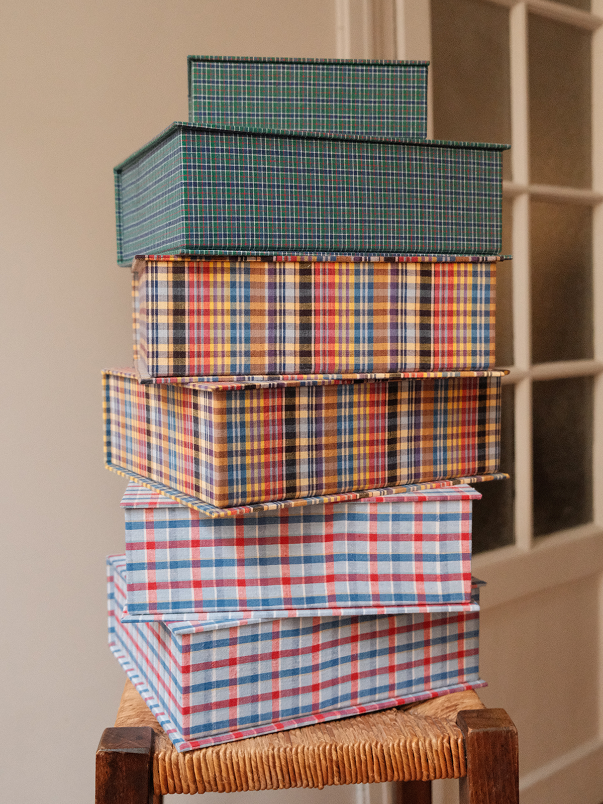 Boîte tissu - Carreaux bleu rouge